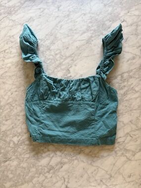 Free People Teal Smocked Crop Tank with Button Side Details